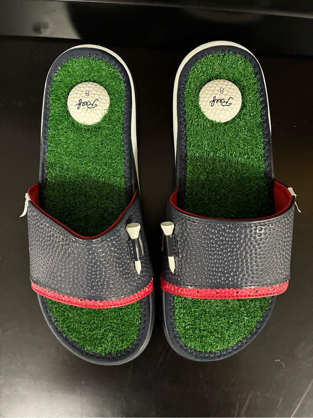 Reef Navy Blue and Green Golf Slide Sandals with Red Trim Sz. 8